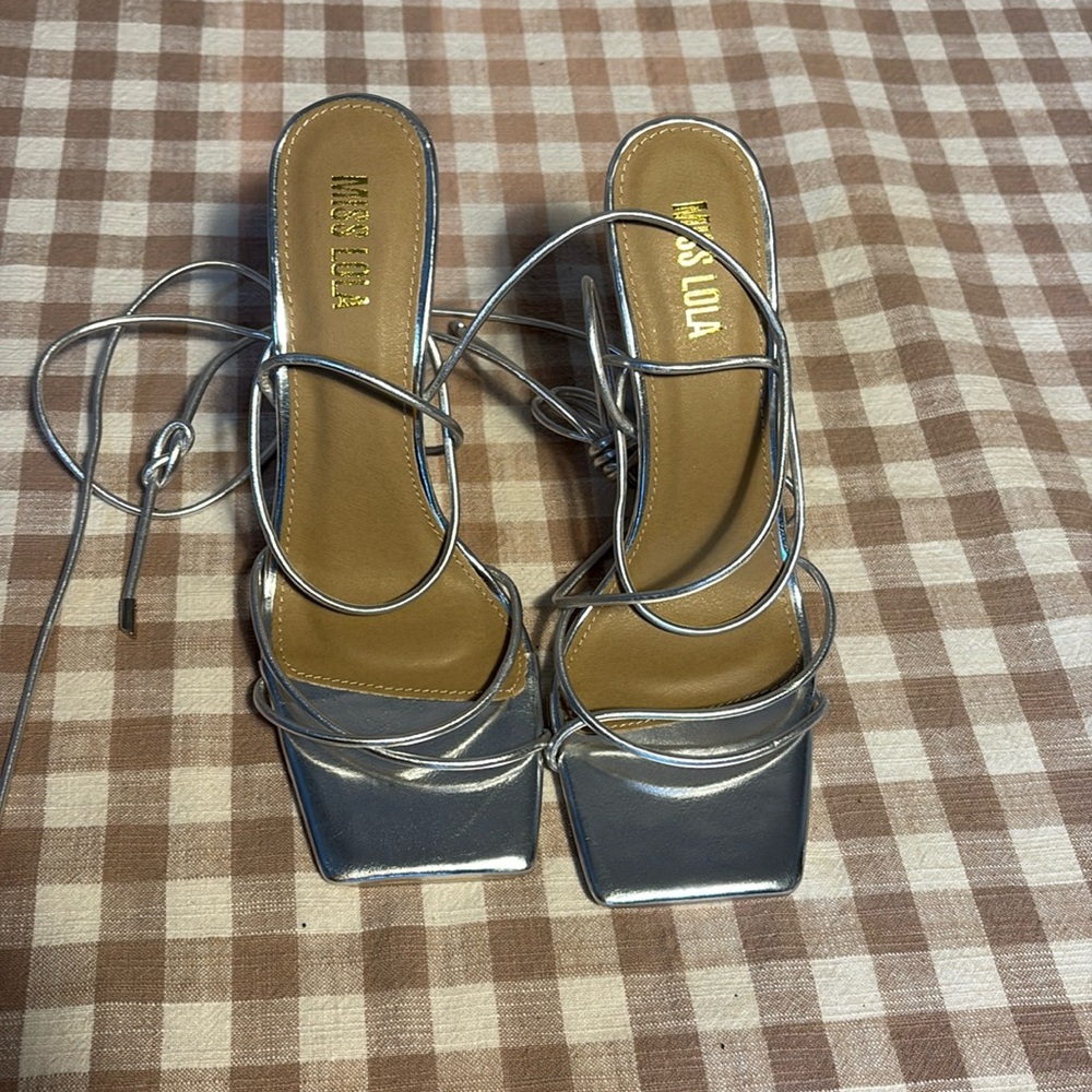 Loving Heart Lace Up High Heels - Silver by Miss Lola Size 7.5
